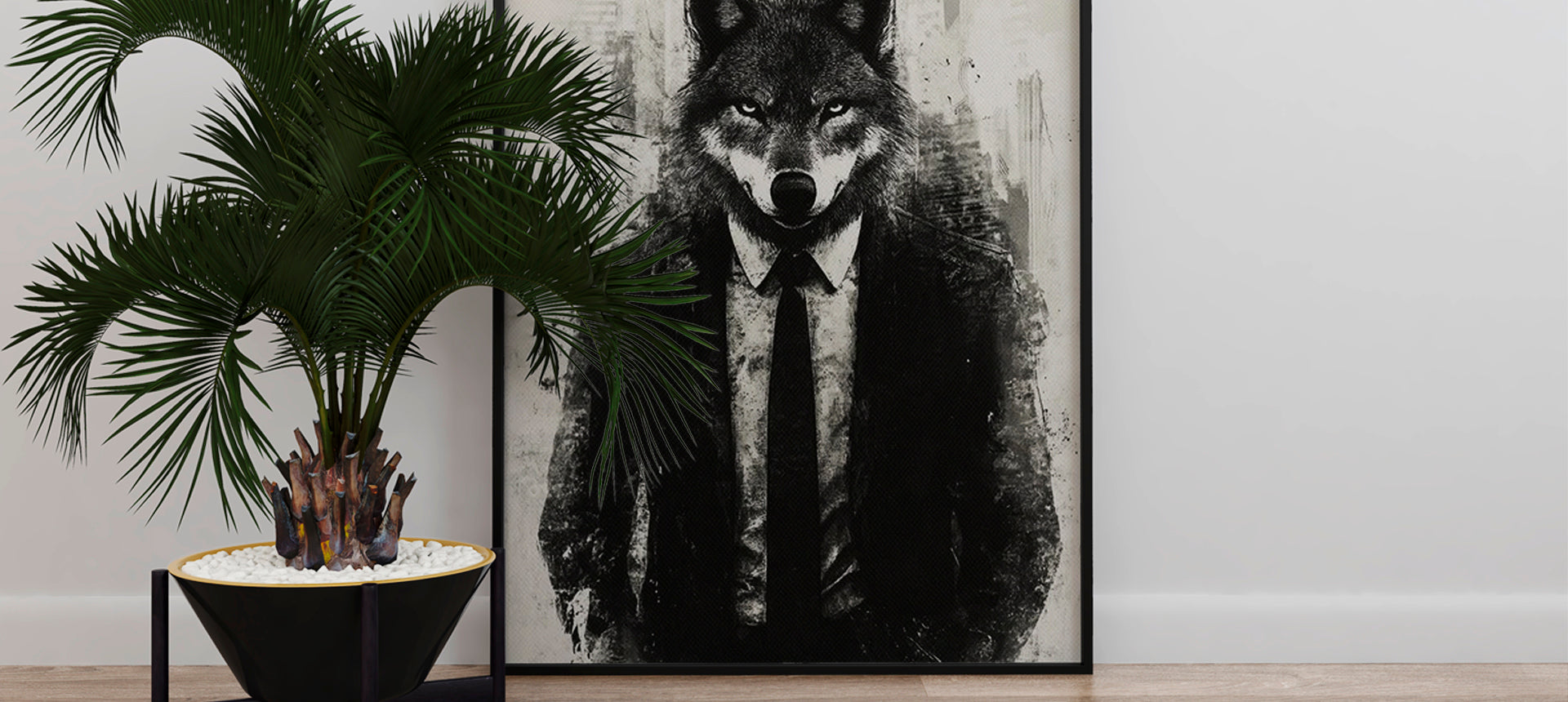 Framed artwork of a wolf in a suit on a wall with a plant below.