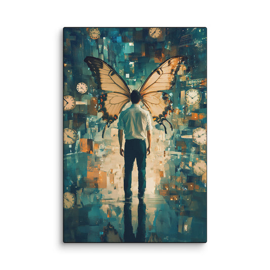 Surreal canvas art print showing a man with butterfly wings surrounded by floating clocks, symbolizing time’s weight and transformation — premium emotional wall art for modern living spaces.