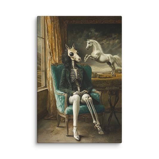 Surreal canvas wall art of a skeletal figure with a horse skull mask seated before a painting of a white horse, juxtaposed with a mystical stairway and serene dove-crowned figure – modern conceptual art for elegant interiors. 12″×18″
