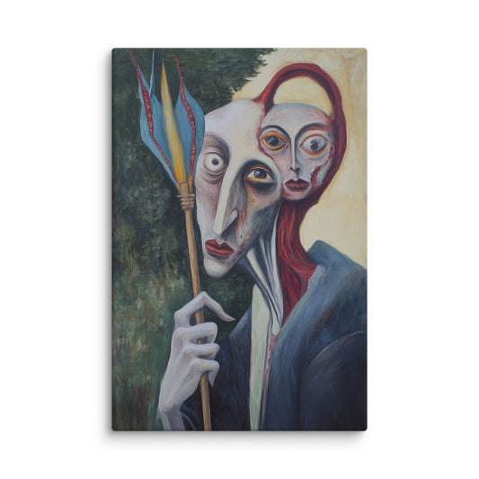 Surreal art print showing a multi-faced figure with a staff beside a winding staircase and a serene woman with a dove on her head – modern conceptual wall art. 12″×18″