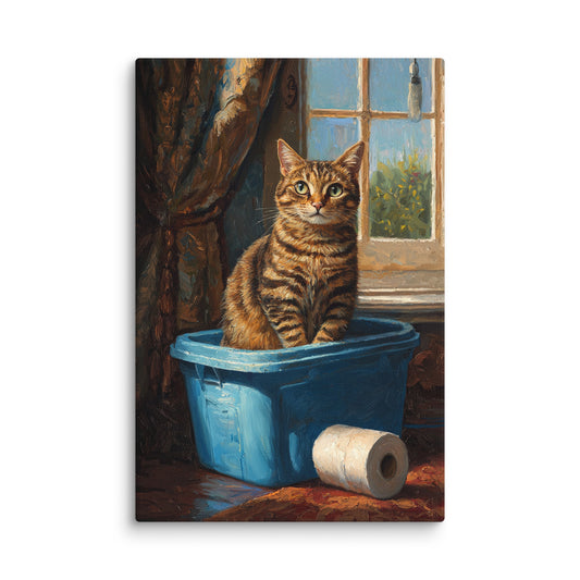 Realistic tabby cat canvas wall art featuring a cat perched in a blue bin beside a toilet paper roll, set in a sunlit room interior – charming modern wall décor for cat lovers. 12″×18″