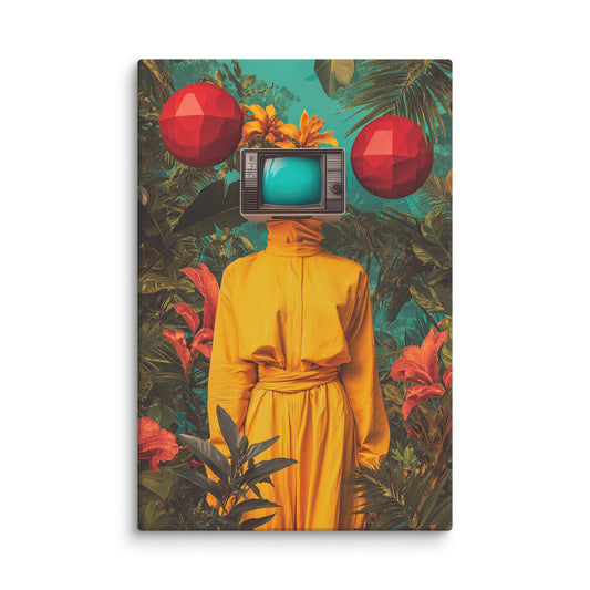 Retro Bloom modern surreal digital collage canvas wall art featuring a figure with a vintage TV head surrounded by tropical plants and red orbs; vibrant high-resolution art print for modern interiors. 12″×18″