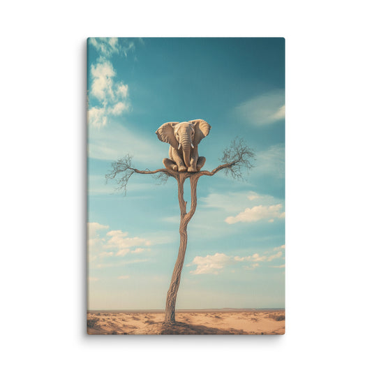 Perched Whimsy modern surreal canvas wall art featuring a majestic elephant balancing on a slender tree under an open sky; whimsical high-resolution wall art for living rooms and creative interiors. 12″×18″