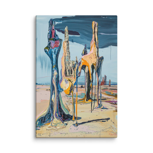 Melting Horizons modern canvas wall art featuring a surreal, Dali-inspired landscape with melting forms under a dramatic sky; high-resolution abstract and cosmic art print for modern home décor. 12″×18″