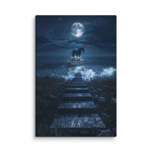 Lunar Equine modern canvas wall art featuring a black horse beneath a glowing full moon over moonlit waters; high-resolution nature scene and cosmic landscape art print for modern home décor. 12″×18″