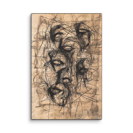 Lost Vision modern abstract canvas wall art featuring expressive charcoal-style intertwined faces inspired by Frank Auerbach; high-resolution monochrome print for contemporary home or office décor. 12″×18″