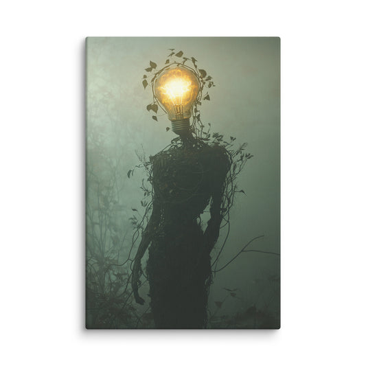 Enlightened Growth nature-inspired modern canvas wall art – figure with glowing lightbulb 12″×18″