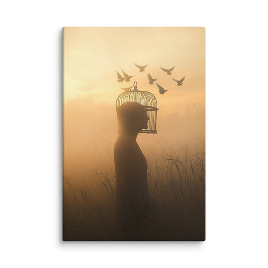 Caged Thoughts canvas wall art – silhouette with birdcage head and flying birds
