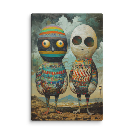 Bound by Pattern whimsical canvas wall art – patterned figures on textured landscape