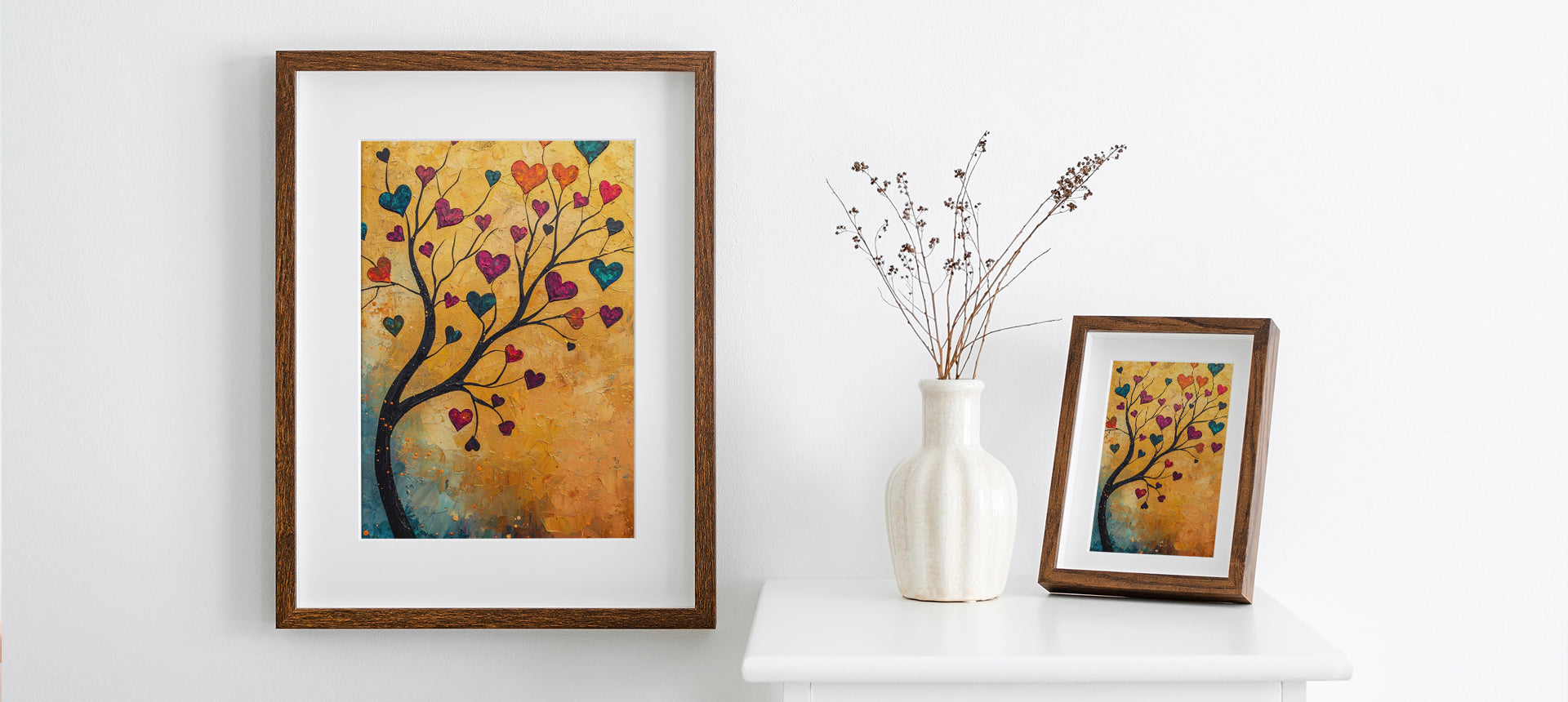 Framed artwork of a tree with colorful hearts on a white wall.