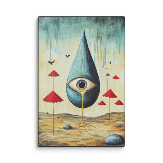 Surreal wall art featuring a tear-shaped eye over a barren landscape with red mushroom-like forms, soaring birds, and a mystical staircase leading to a serene, dove-crowned figure — symbolic emotional canvas print for modern interiors.