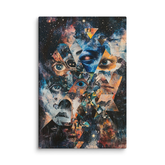 Spiritual collage wall art featuring cosmic eyes, fragmented faces in geometric forms, and a mystical rock staircase leading to a serene figure crowned by a dove – symbolic modern canvas art for contemplative interiors. 12″×18″