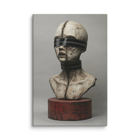 Surreal canvas art of a sculpted bust with eyes and mouth sealed by zippers and stitches, symbolizing silence and hidden expression – modern conceptual wall art for contemporary interiors. 12″×18″