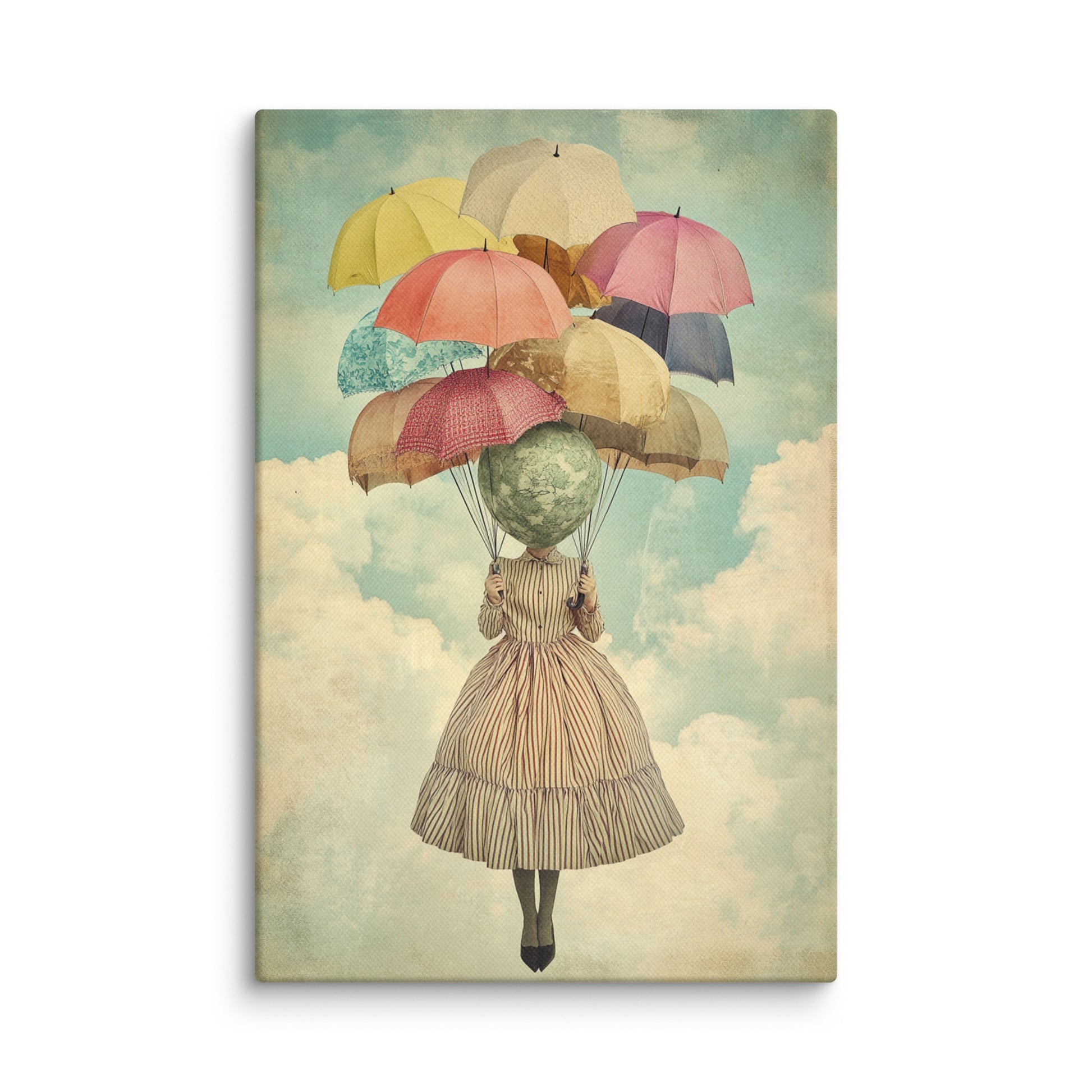 Surreal art print of a figure with a globe for a head floating above the clouds, lifted by colorful umbrellas – whimsical modern canvas wall art for contemporary interiors. 12″×18″