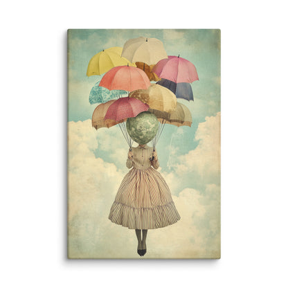 Surreal art print of a figure with a globe for a head floating above the clouds, lifted by colorful umbrellas – whimsical modern canvas wall art for contemporary interiors. 12″×18″