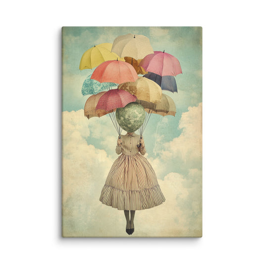 Surreal art print of a figure with a globe for a head floating above the clouds, lifted by colorful umbrellas – whimsical modern canvas wall art for contemporary interiors. 12″×18″