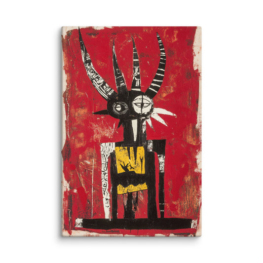 Abstract Basquiat-inspired canvas art featuring a stylized horned figure on a bold red background, expressing raw urban emotion and modern energy.