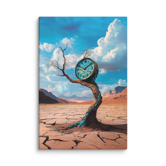 Surreal canvas art featuring a clock embedded in a gnarled tree and a winding stone staircase with a serene dove-crowned figure in a parched desert landscape. 12″×18″