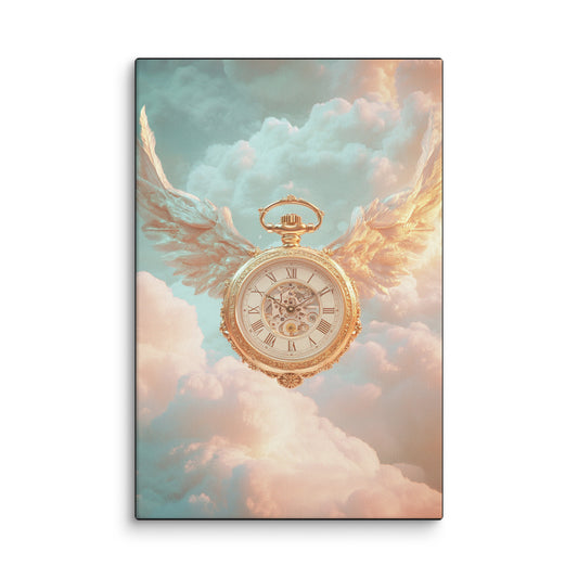 Golden pocket watch with angelic wings floating in soft clouds – surreal canvas wall art print for elegant modern interiors. 12″×18″