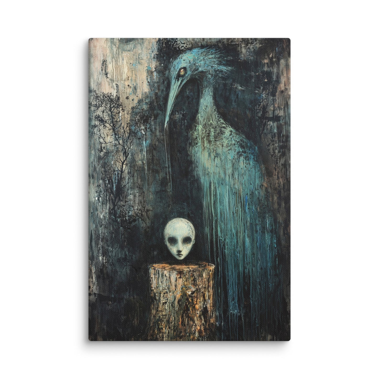 Surreal wall art showing a blue bird, ethereal head on a tree stump, and serene dove-crowned figure ascending a stone staircase – modern surreal canvas print. 12″×18″