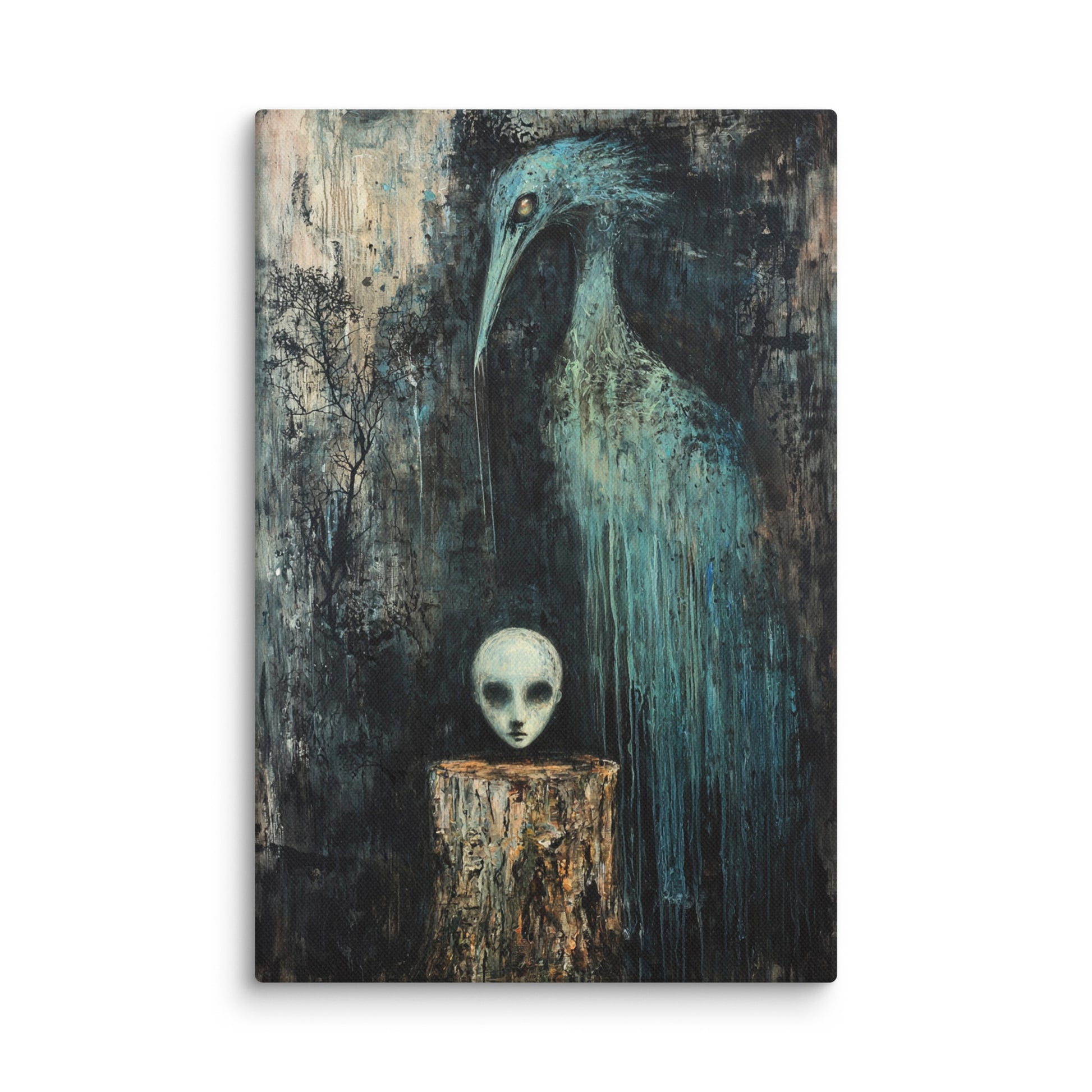 Surreal wall art showing a blue bird, ethereal head on a tree stump, and serene dove-crowned figure ascending a stone staircase – modern surreal canvas print. 12″×18″