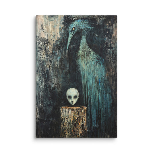 Surreal wall art showing a blue bird, ethereal head on a tree stump, and serene dove-crowned figure ascending a stone staircase – modern surreal canvas print. 12″×18″