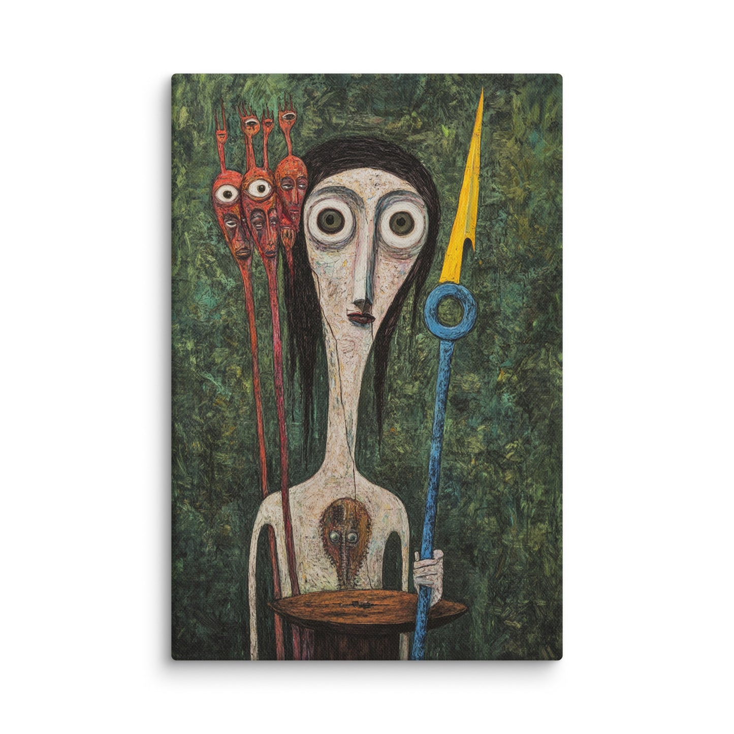 Surreal art print featuring a tall ethereal figure holding a spear, accompanied by three long-necked, mask-like beings, inspired by Victor Brauner’s style – modern surreal canvas wall art.