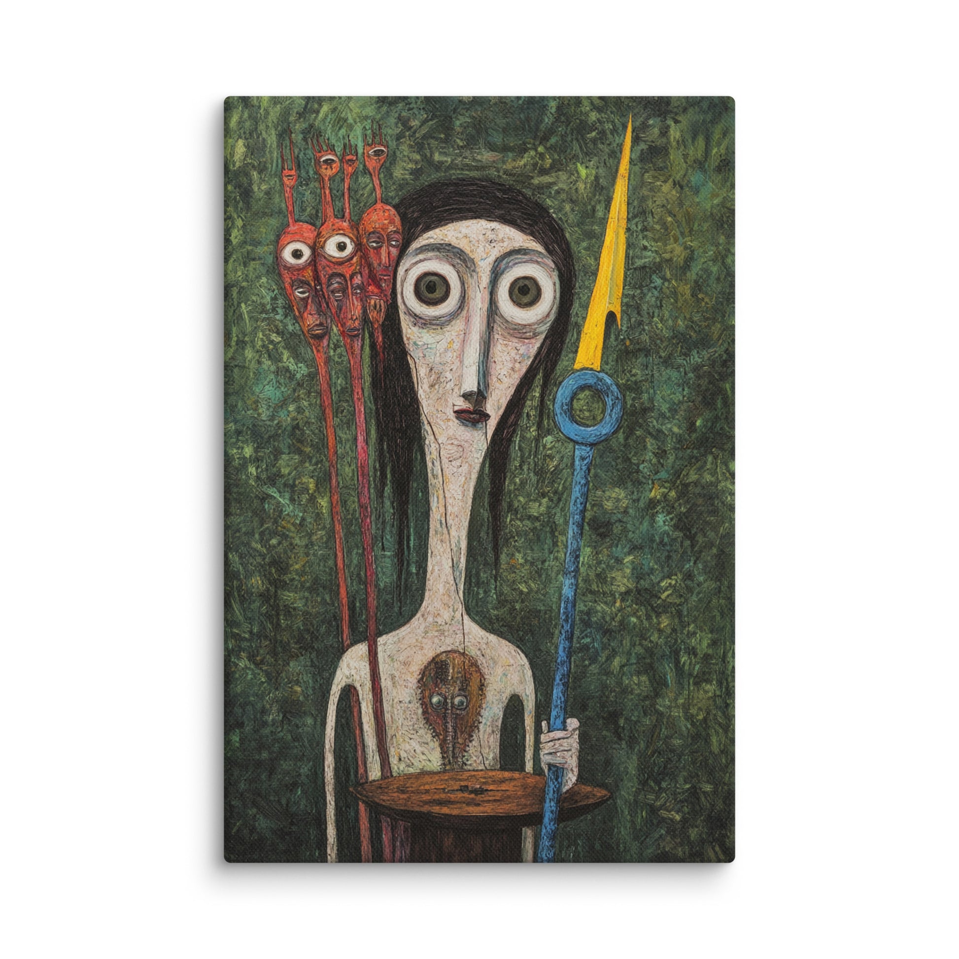 Surreal art print featuring a tall ethereal figure holding a spear, accompanied by three long-necked, mask-like beings, inspired by Victor Brauner’s style – modern surreal canvas wall art.
