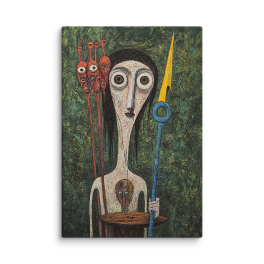 Surreal art print featuring a tall ethereal figure holding a spear, accompanied by three long-necked, mask-like beings, inspired by Victor Brauner’s style – modern surreal canvas wall art.