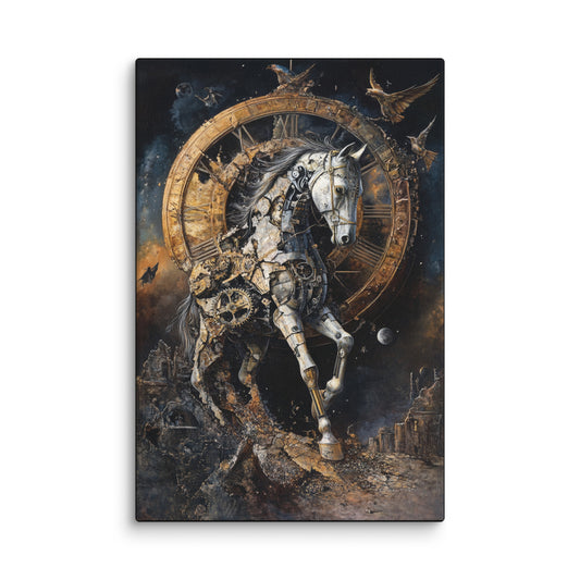 Steampunk horse canvas wall art featuring a mechanical stallion made of gears and clockwork, set against a cosmic sky with a large clock face – modern wall décor for art enthusiasts. 12″×18″
