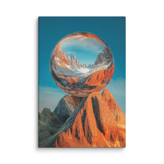 Surreal Peak canvas wall art featuring snow-capped mountains reflected in a clear sphere atop an orange peak, modern surreal landscape wall décor for contemporary interiors. 12″×18″