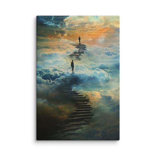Stairway of Eternity surreal canvas wall art showing a winding staircase through clouds and rock formations, high-resolution cosmic artwork for modern home décor. 12″×18″