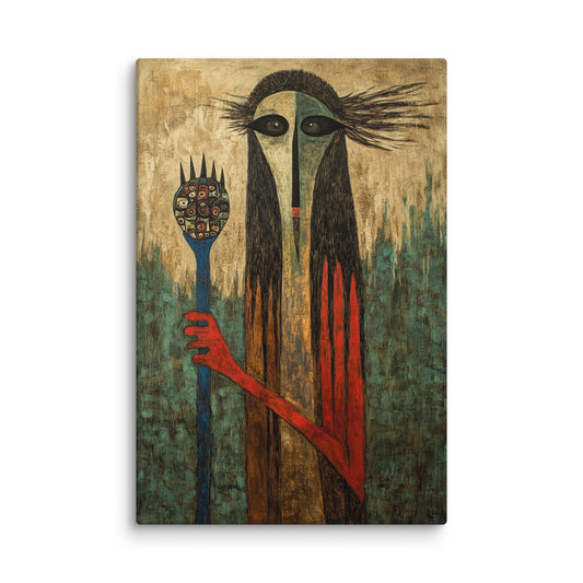 Oracle of the Unknown modern canvas wall art featuring a tall, elongated figure with a ceremonial staff in the style of Khosro Berahmandi; high-resolution abstract wall art for contemporary interiors. 12″×18″