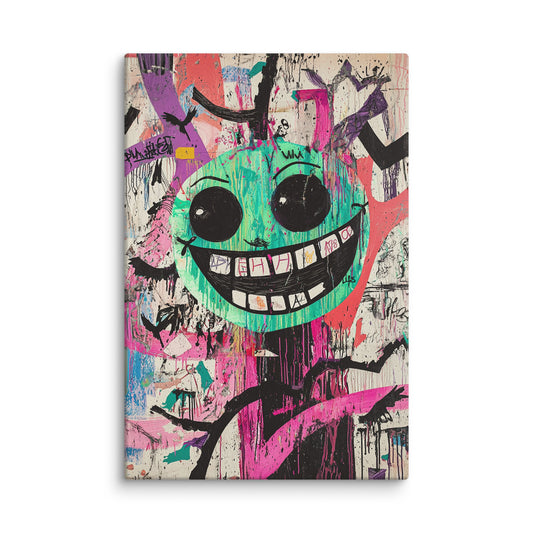 Neon Grin modern canvas wall art featuring a neon-green smiley face with graffiti textures and bold pop art colors; high-resolution canvas print for contemporary home or office décor.