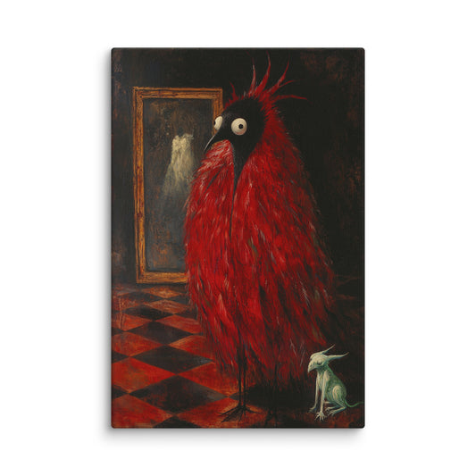 Plumbed Enigma modern canvas wall art featuring a red-feathered creature, a small mythical beast, and a mysterious mirror reflection; high-resolution surreal abstract art print for modern home décor. 12″×18″