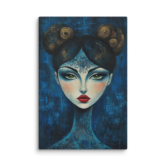 Midnight Muse modern canvas wall art featuring a captivating woman with green eyes and intricate hair buns against a rich blue textured background; high-resolution portrait art print for modern interiors. 12″×18″