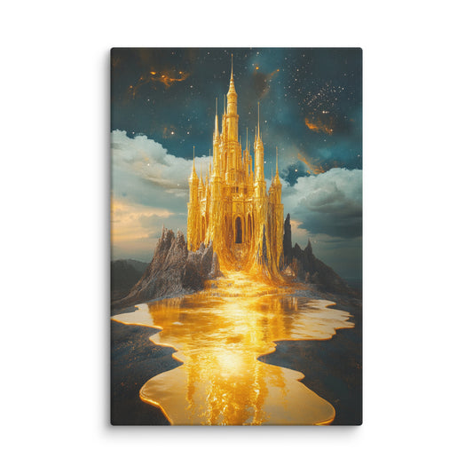 Melted Spires modern canvas wall art featuring a golden castle melting into a reflective pool under a starry night sky; high-resolution cosmic landscape and fantasy art print for modern interiors.