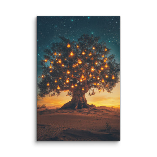 Mass of Illuminations modern canvas wall art featuring a glowing tree under a twilight sky; high-resolution nature scene and cosmic art print for contemporary home décor. 12″×18″