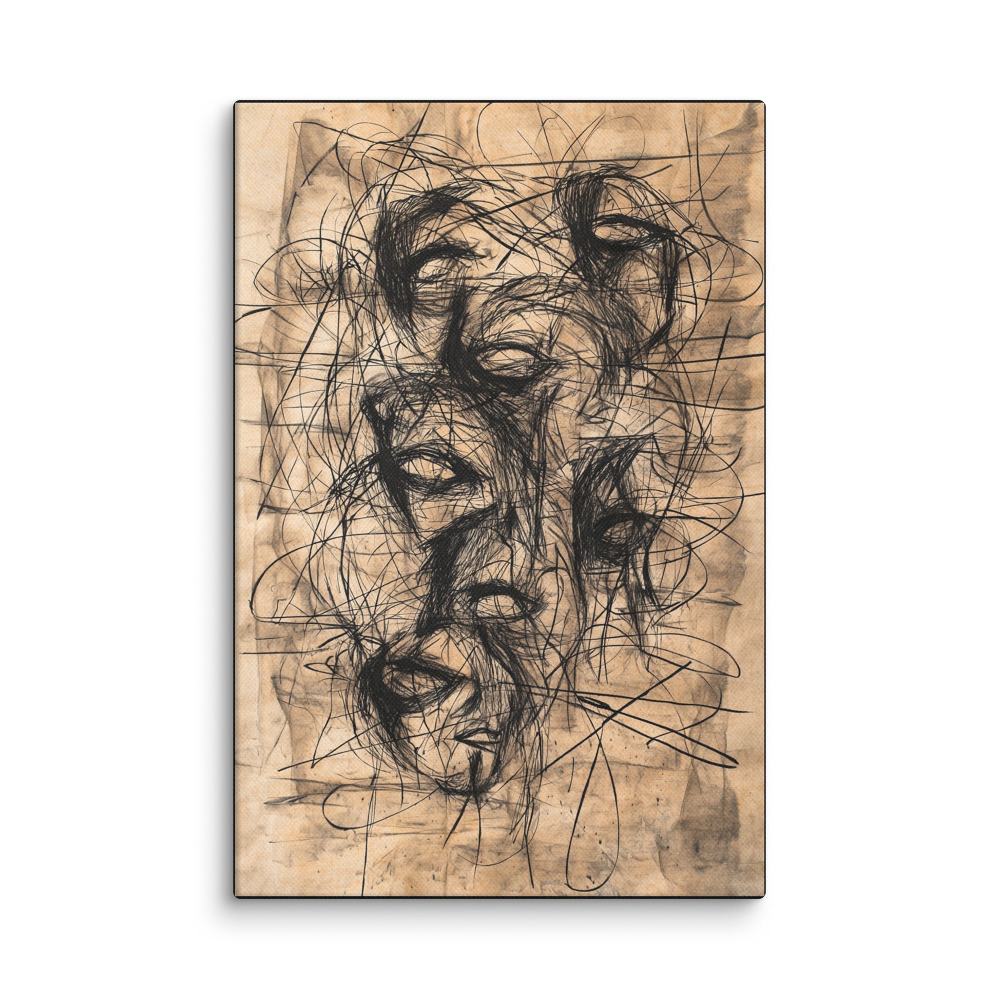 Lost Vision modern abstract canvas wall art featuring expressive charcoal-style intertwined faces inspired by Frank Auerbach; high-resolution monochrome print for contemporary home or office décor. 12″×18″