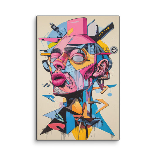 Identity Psyche modern abstract canvas wall art featuring a deconstructed human head in vibrant, fragmented colors; high-resolution print for contemporary living room or workspace décor. 12″×18″