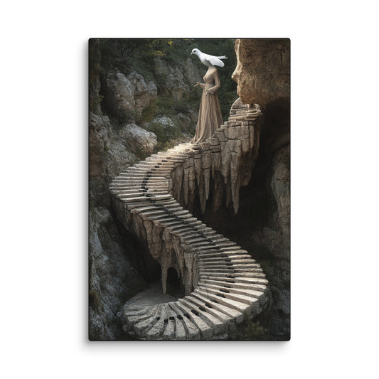 Hunterdon Stairs surreal modern canvas wall art featuring a mystical staircase leading to a dove-crowned figure among rocky formations; high-resolution abstract art print for modern home or office décor.