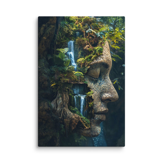 Human Forest surreal modern canvas wall art featuring a figure with a tree-like head in a dreamlike forest scene, printed on high-resolution premium canvas for living room, bedroom, or office décor. 12″×18″