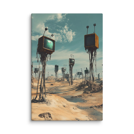 Desert Broadcaster surreal desert landscape canvas wall art with vintage televisions
 12″×18″