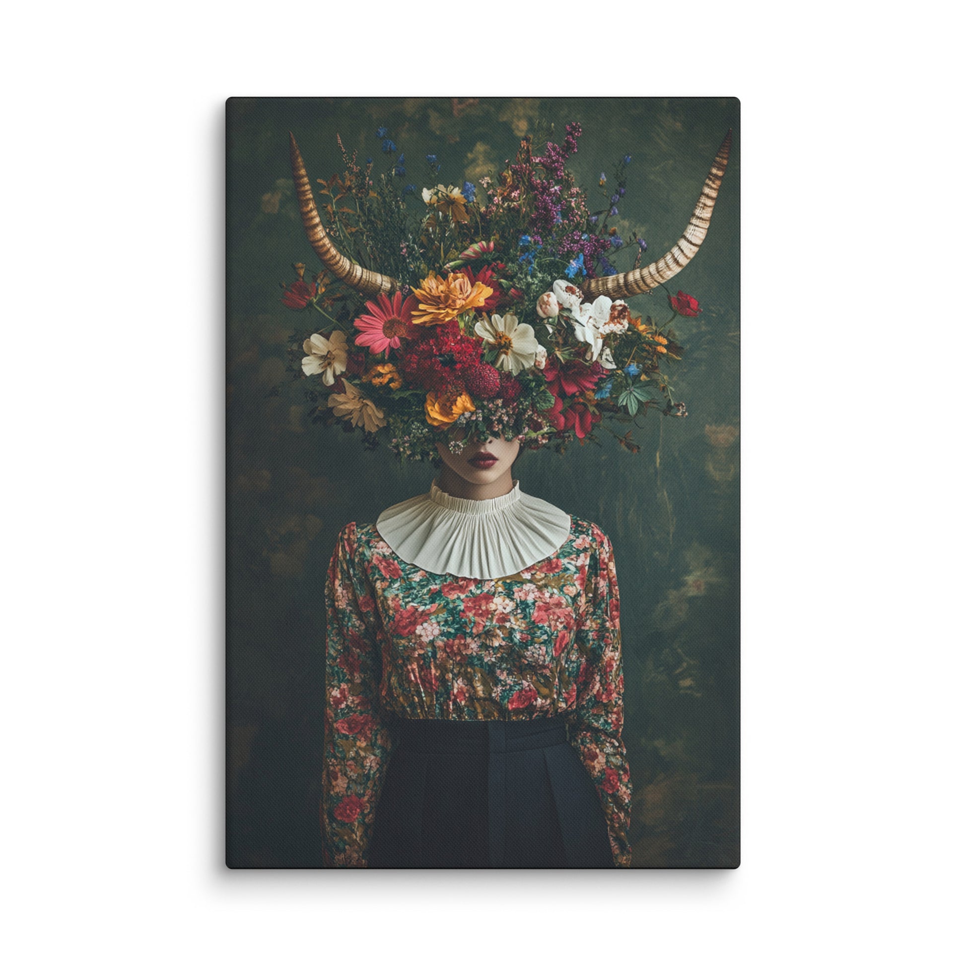 Blossom Crown floral canvas print – horned figure with blossom crown