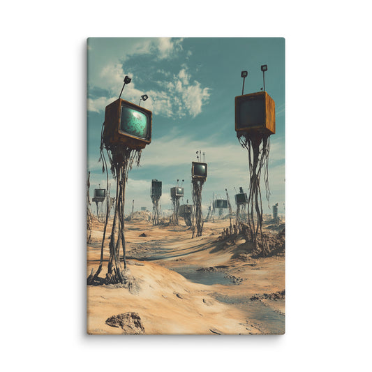 Desert Broadcaster surreal desert landscape canvas wall art with vintage televisions
 24″×36″
