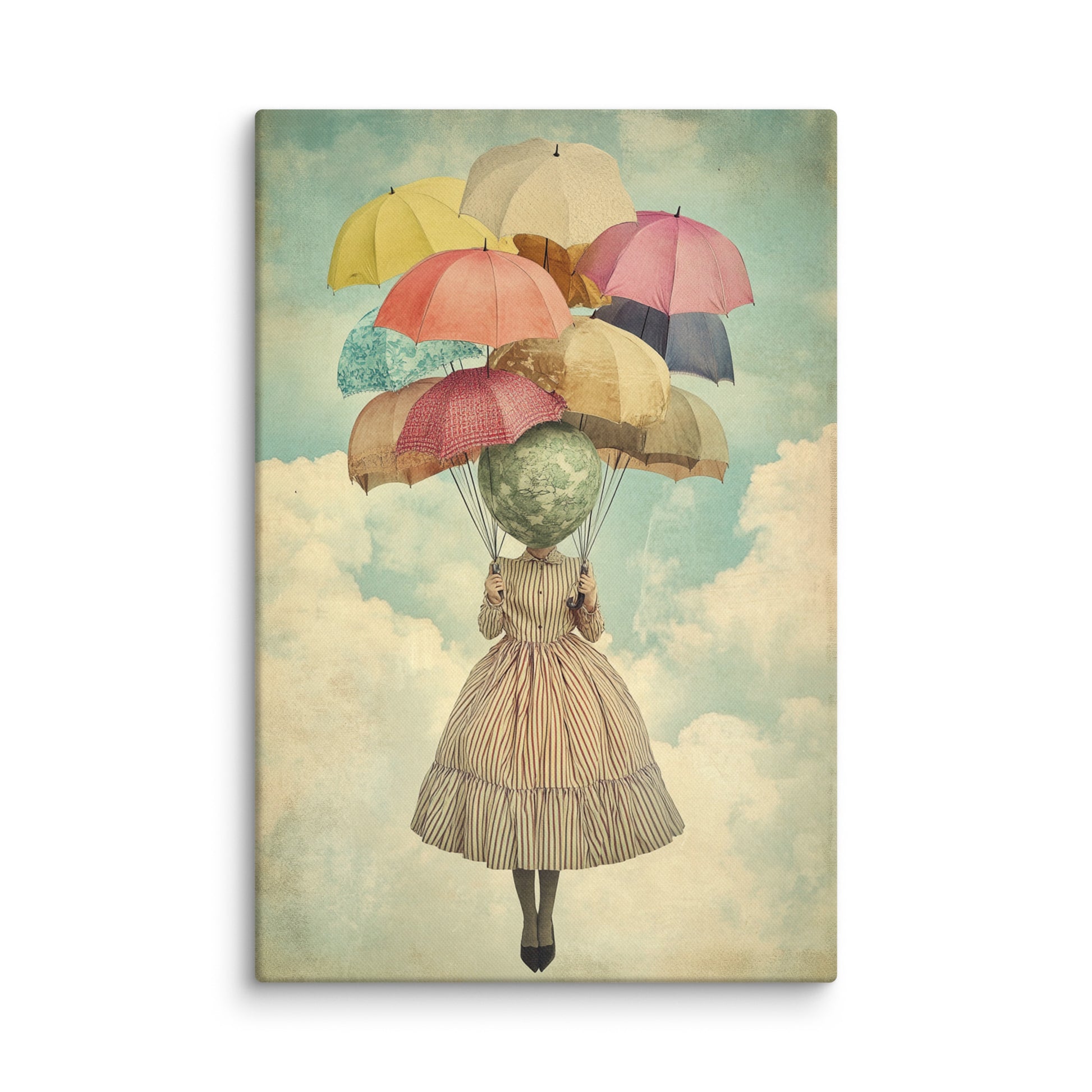 Surreal art print of a figure with a globe for a head floating above the clouds, lifted by colorful umbrellas – whimsical modern canvas wall art for contemporary interiors. 40″×60″