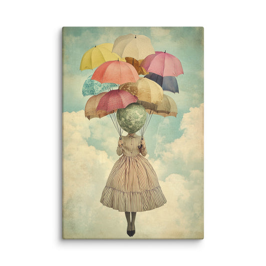 Surreal art print of a figure with a globe for a head floating above the clouds, lifted by colorful umbrellas – whimsical modern canvas wall art for contemporary interiors. 40″×60″