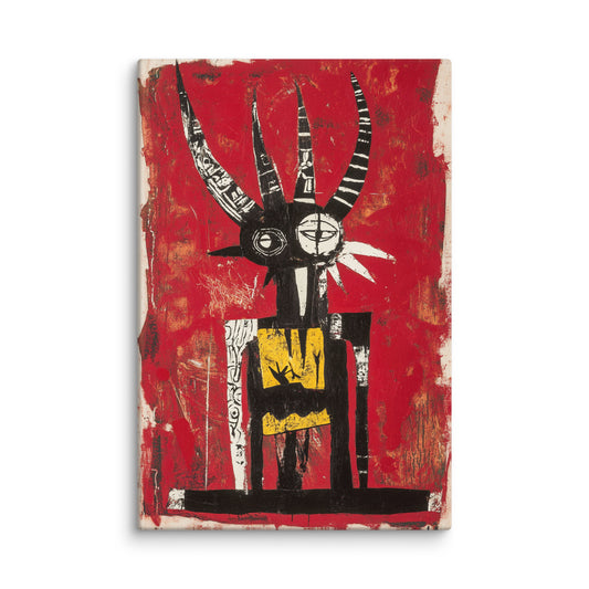 Abstract Basquiat-inspired canvas art featuring a stylized horned figure on a bold red background, expressing raw urban emotion and modern energy.