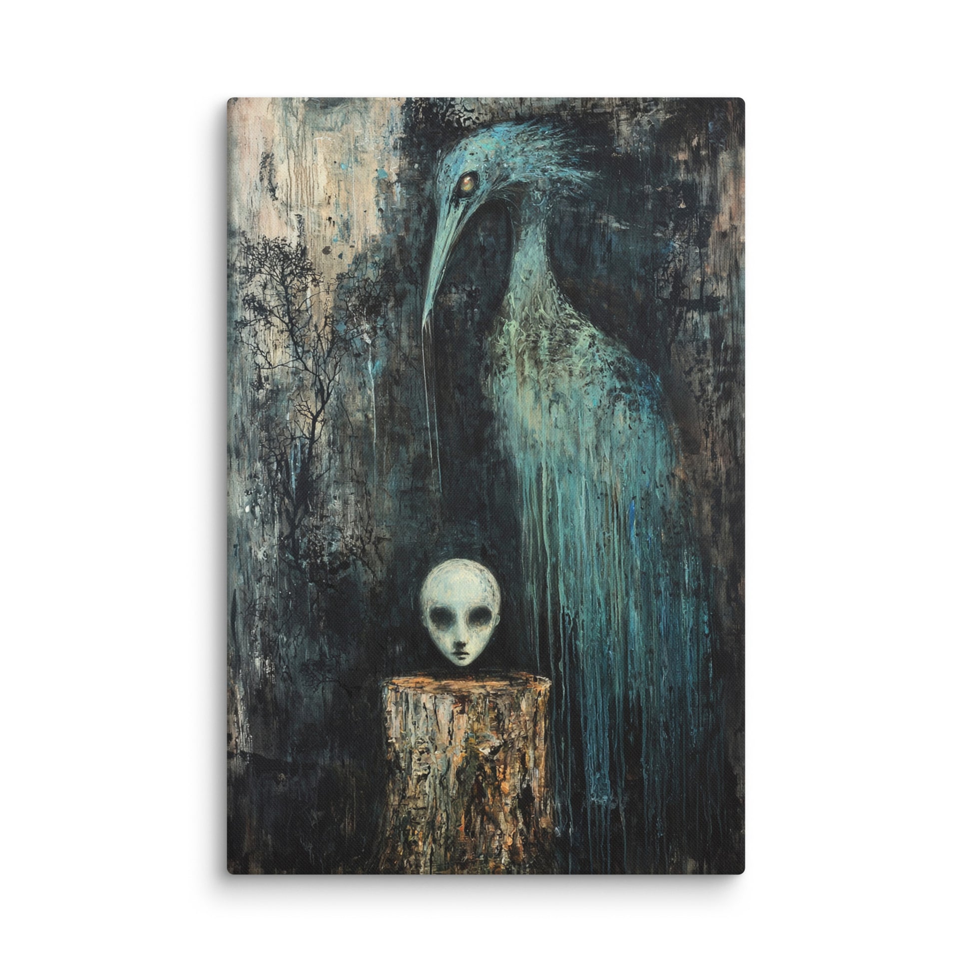 Surreal wall art showing a blue bird, ethereal head on a tree stump, and serene dove-crowned figure ascending a stone staircase – modern surreal canvas print. 40″×60″