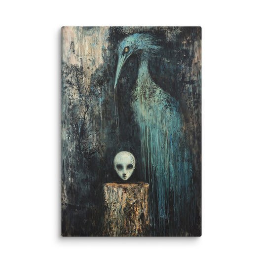 Surreal wall art showing a blue bird, ethereal head on a tree stump, and serene dove-crowned figure ascending a stone staircase – modern surreal canvas print. 40″×60″